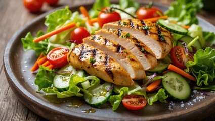 Grilled chicken served with a fresh veggie salad. Suggestion for a healthy diet meal.