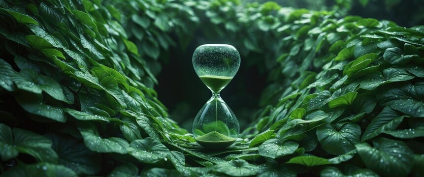 Hourglass featuring leaves symbolizing greenery, organic plants, and nature diminishing, fading due to pollution. Leaves organized all around like foliage.