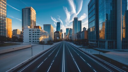 Fototapeta premium High-angle view of the skyline featuring buildings and a bare asphalt road.