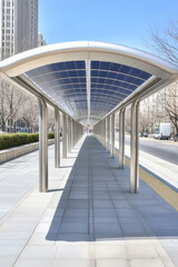 Public transportation stop canopy with solar panels on the roof. Development in urban infrastructure.
