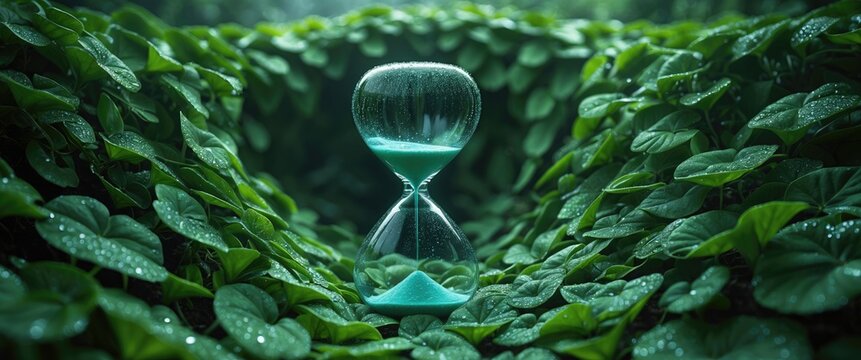 Hourglass surrounded by leaves illustrating greenery, organic plants, nature diminishing and vanishing due to pollution. Leaves arranged like foliage all around.
