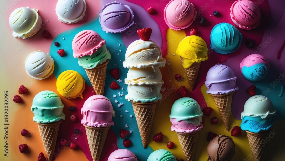Poster ice cream in different colors arranged on a backdrop. flat lay with a simple creative theme.