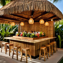 A tropical bar with bamboo walls and a thatched roof. The bar is decorated with tropical plants and flowers. There are several wooden stools and chairs around the bar