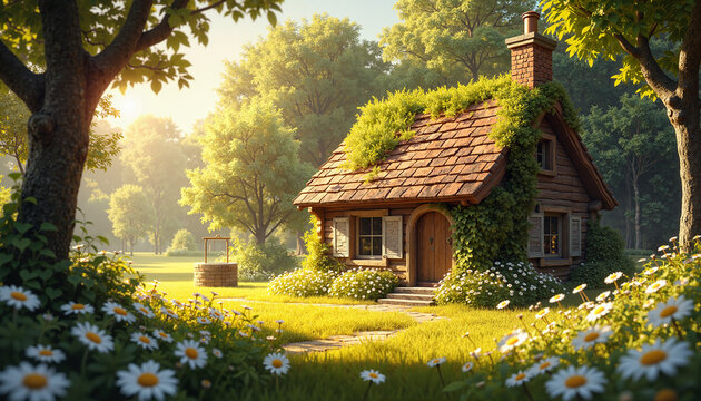 Cozy cottage in idyllic forest clearing with daisies
