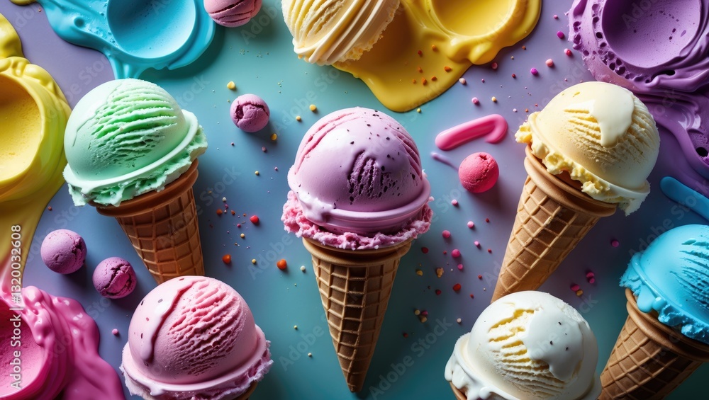 Aufkleber ice cream in different colors arranged on a backdrop. flat lay featuring a creative simple theme.