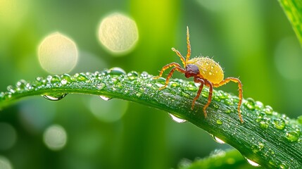 Naklejka premium Close-Up of Tiny Yellow Tick on Fresh Green Leaf with Dew Drops