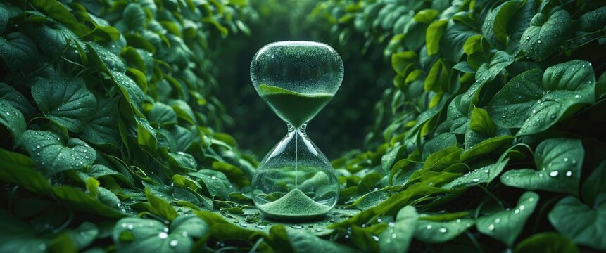 Hourglass surrounded by leaves illustrating the decline of greenery, organic plants, and nature due to pollution. Leaves arranged like foliage all around.