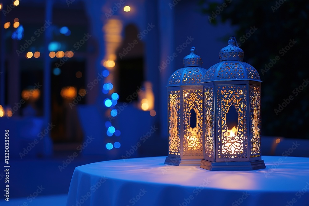 Poster elegant lanterns glow warmly on a table casting intricate patterns in the night