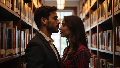 Romantic couple embracing in library between bookshelves