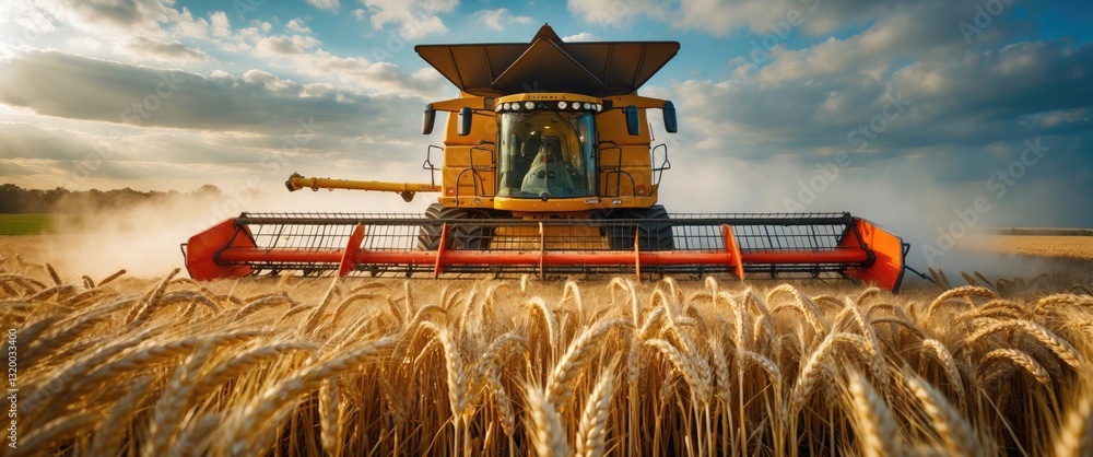 Poster harvester machine operating in the field. combine harvester reaping a ripe wheat crop.