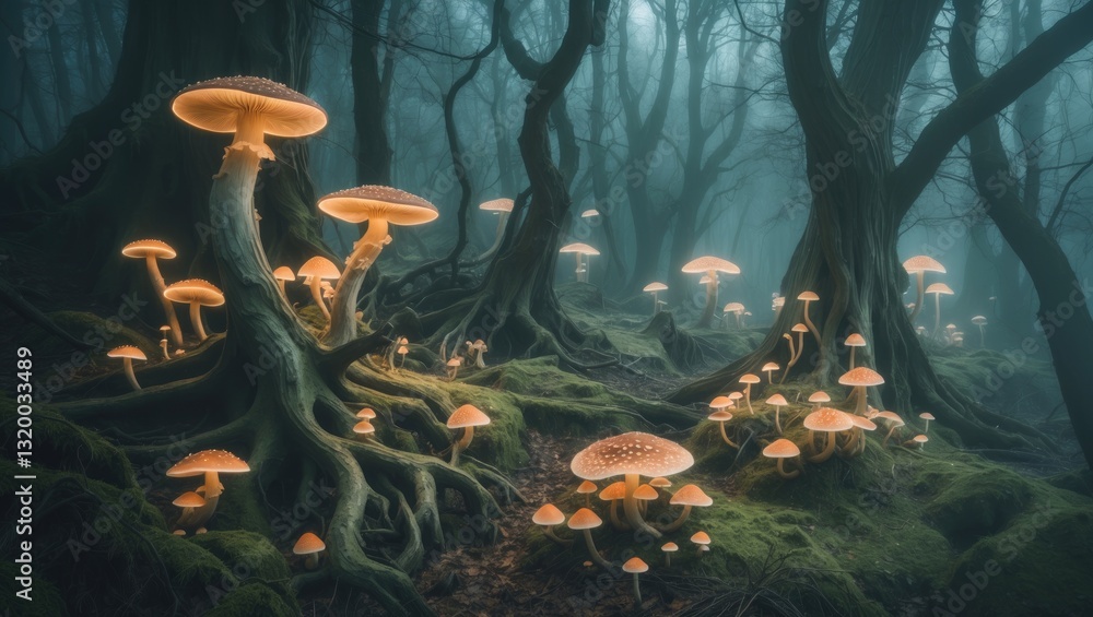 Aufkleber in an unusual forest, fungi. created using generative tools