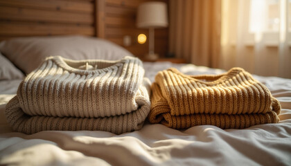 Cozy knit sweaters on sunlit bed in warm bedroom