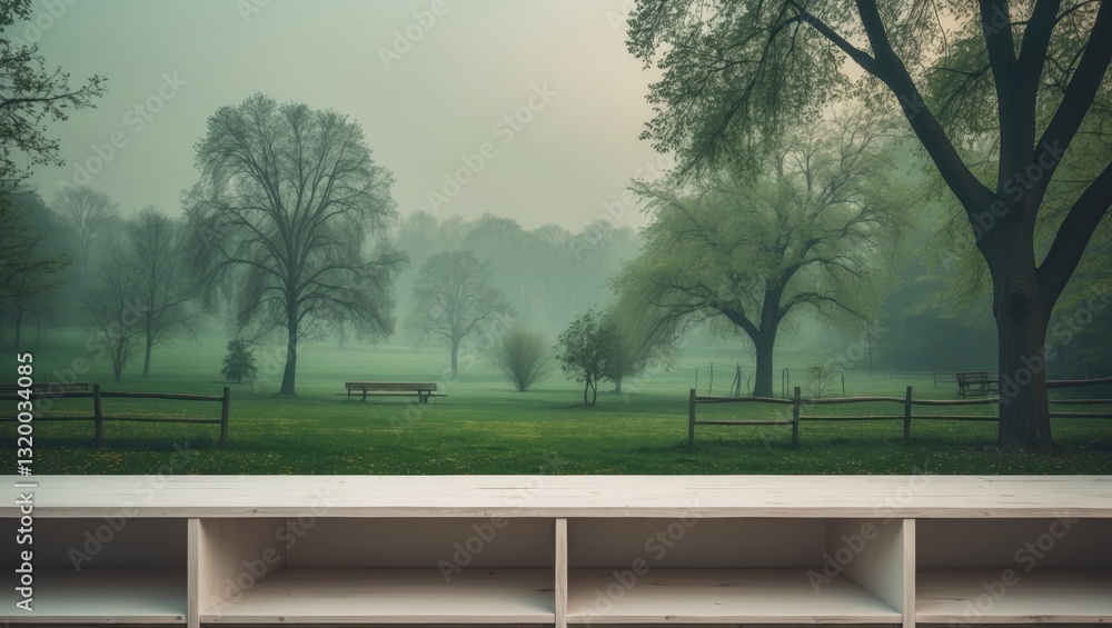 Poster in spring and summer, a product display template featuring a bare white wooden countertop and a hazy