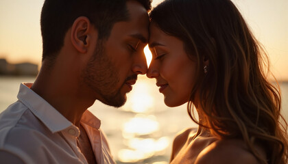 Naklejka premium Romantic couple embracing at sunset by the sea
