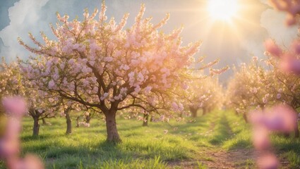 Fototapeta premium In the background, a spring bloom. A beautiful natural setting featuring a blooming tree and sunlight. A lovely day. Flowering in early spring. Charming orchard. Unclear abstract backdrop.