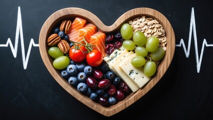 Healthy food arranged in a heart shape with a cardiograph on a blackboard, conveying a medical abstract concept.