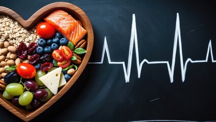 Healthy food arranged in a heart shape next to a cardiograph on a blackboard, representing a medical abstract concept.