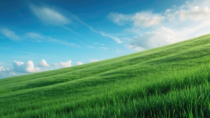 Fototapeta premium Sloping meadows of green grass with a blue sky and clouds backdrop.