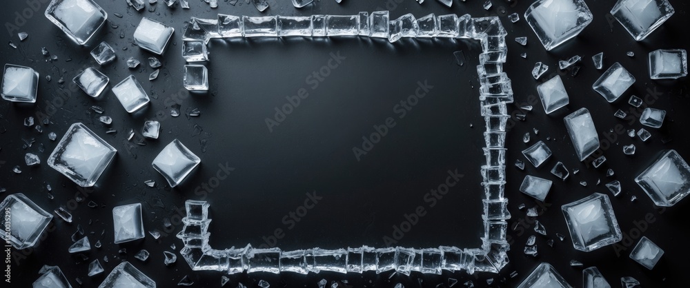 Poster ice cubes smashed on dark background. chill backdrop. ice frame border shaped like a bottle.