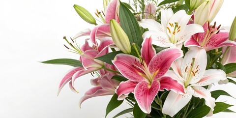 Obraz premium Stargazer Lily Bouquet & Mysterious Woman: Dramatic Floral Portrait Photography