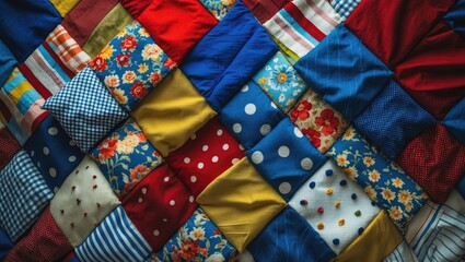 Handmade patchwork cushions composed of a variety of colors and patterns. Utilizing fabric from the textile industry, reminiscent of traditional patchwork pillows from the past.