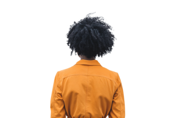 a wide rear view image of a 35 year old african american woman standing, orange jacket, on a white background