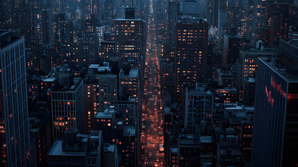 A photo of buildings in NYC, New York City, at dusk and night, with dramatic city views and tons of buildings, gritty, dark, dramatic, high angle view.