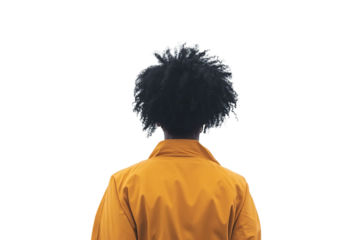 a wide rear view image of a 35 year old african american woman standing, orange jacket, on a white background