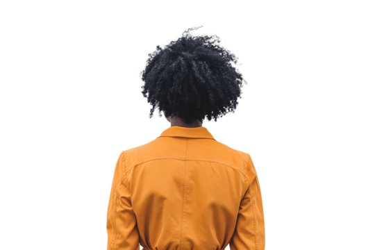 a wide rear view image of a 35 year old african american woman standing, orange jacket, on a white background