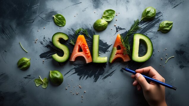Handwriting the word SALAD against an abstract backdrop. The term SALAD symbolizes the essence of the concept in stock photography.