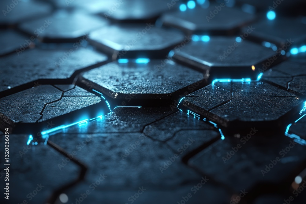 Poster futuristic hexagonal texture with glowing blue light accents creating depth and mystery