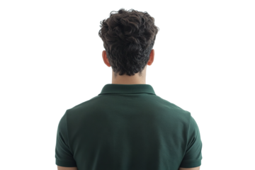 a wide rear view image of a man with dark hair and a green polo shirt, standing, on a white background
