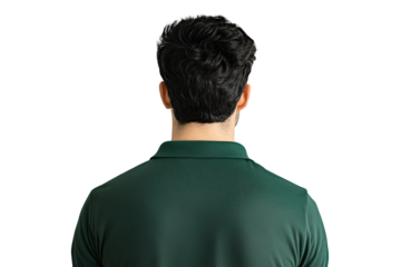 a wide rear view image of a man with dark hair and a green polo shirt, standing, on a white background
