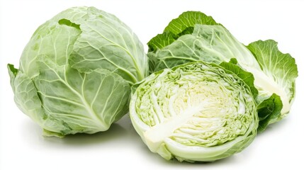 Obraz premium Whole and sliced cabbages isolated on white background, fresh green and purple cabbage heads with cross-section view, healthy organic vegetables for cooking, nutrition, and food design concepts