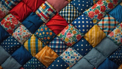 Handmade patchwork cushions made of various colors and patterns detail, created using fabric from the textile industry as was traditionally done with patchwork pillows.