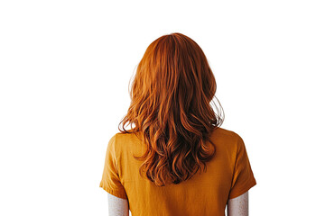 a wide rear view image of a woman with red hair and a orange shirt, standing, on a white background