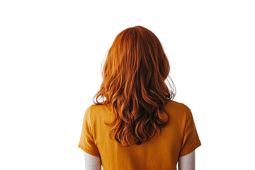 a wide rear view image of a woman with red hair and a orange shirt, standing, on a white background
