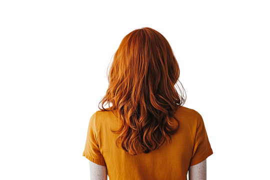 a wide rear view image of a woman with red hair and a orange shirt, standing, on a white background