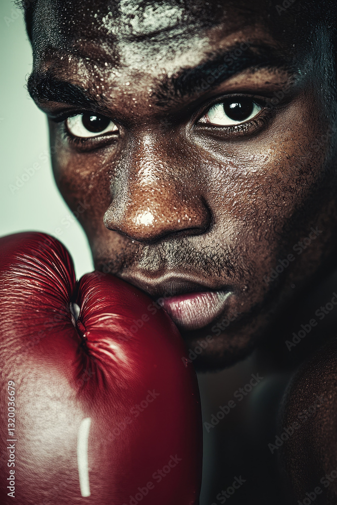 Poster intense boxer close-up with red gloves and determined expression