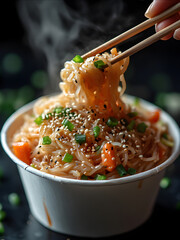A pair of chopsticks lifting steaming Asian noodles from a cardboard takeout container