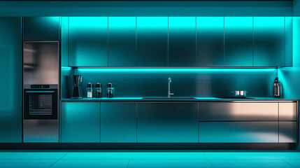 A high tech futuristic kitchen with sleek metallic finishes, integrated appliances, and LED accents, against a gradient teal background.