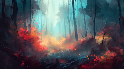 Naklejka premium Painted forest with vibrant foliage and ethereal light evoking a sense of mystery
