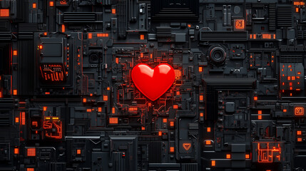 Futuristic black circuit board with glowing red elements and a glossy red heart in the center, symbolizing AI and technology