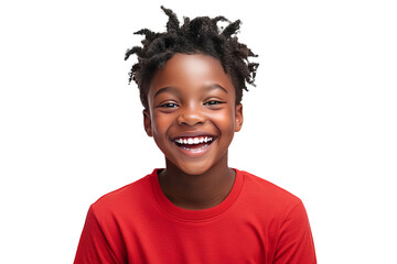 an excited black child smiling in a red shirt isolated on white background