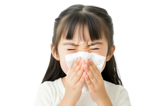 Asian little girl sneezing and using a tissue, isolated on white background