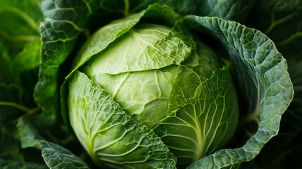 Fototapeta premium Fresh whole green cabbage head in close-up view showcasing crisp leaves and natural texture, perfect for healthy eating, organic food concepts, and vegetarian diet backgrounds