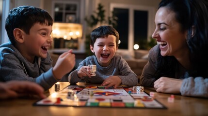 A family playing Monopoly together, the youngest child laughing at a lucky roll 
