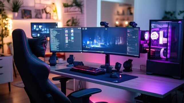 A neon-lit gaming setup with an ergonomic chair and multiple monitors 
