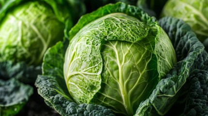 Fresh whole green cabbage head in close-up view showcasing crisp leaves and natural texture, perfect for healthy eating, organic food concepts, and vegetarian diet backgrounds