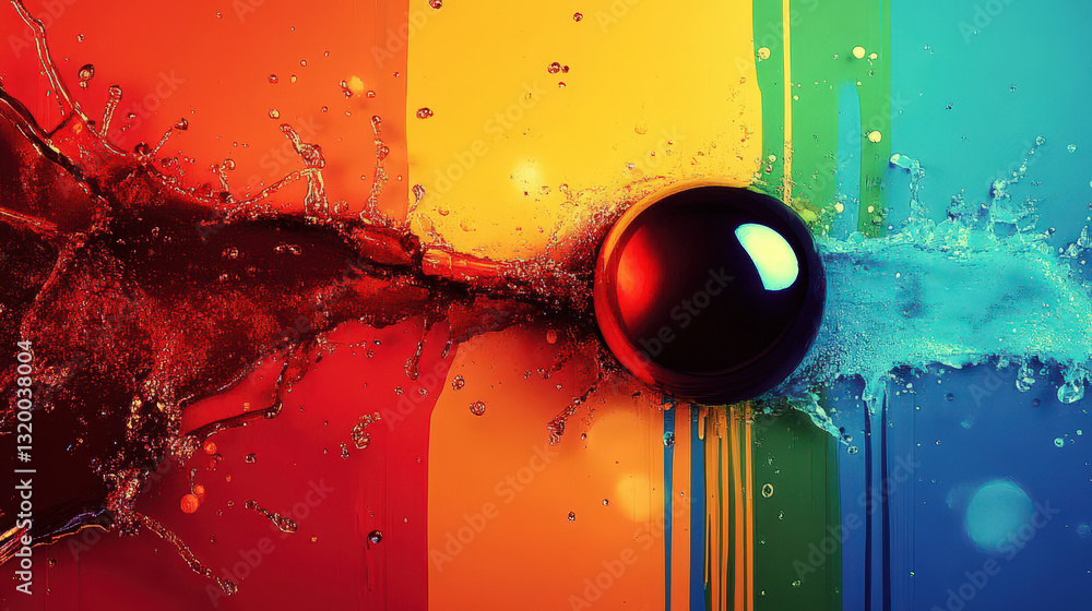 Poster vibrant splash of red and blue liquid colliding with black sphere, creating dynamic motion